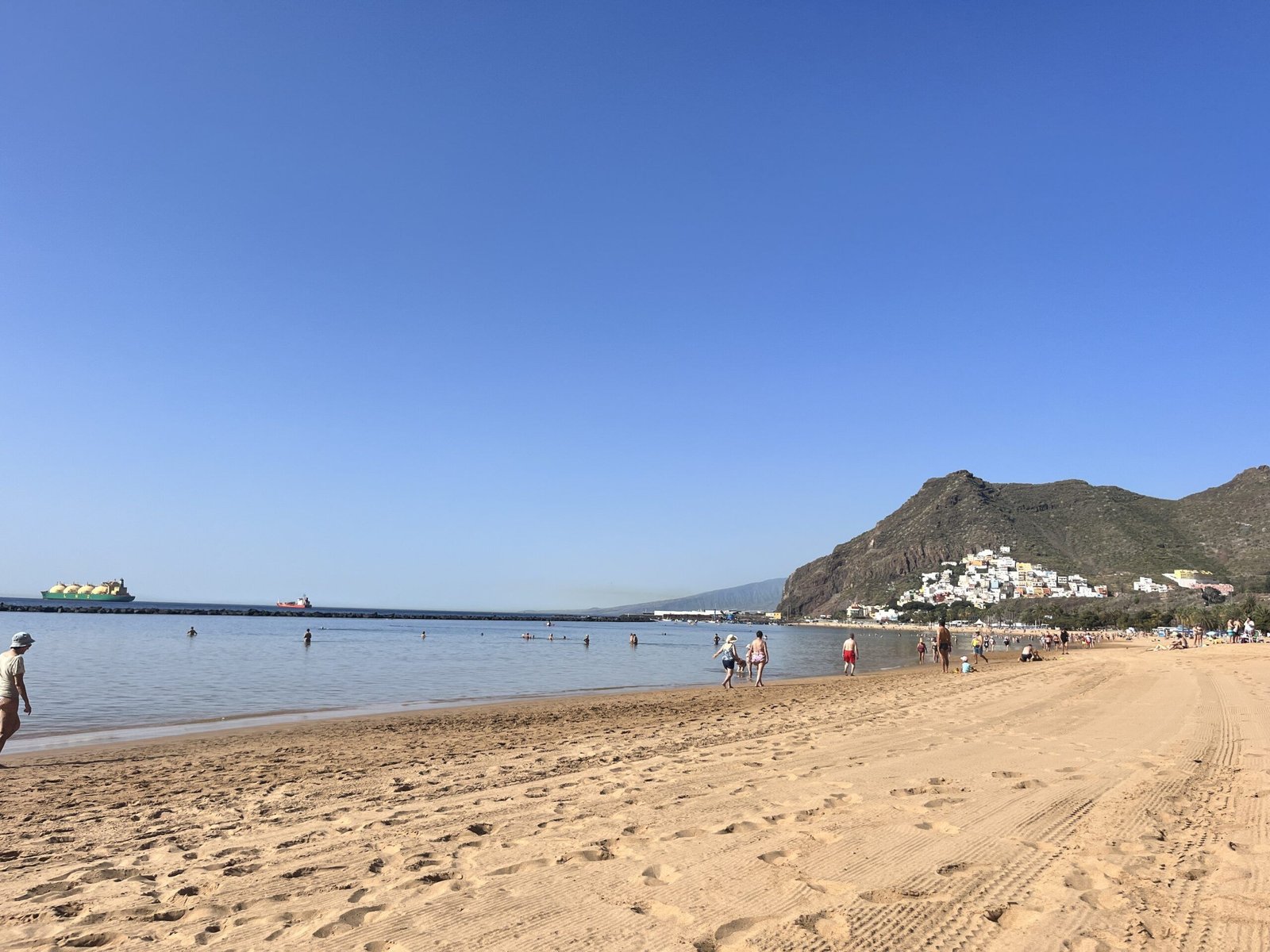 Vista aérea de la Playa de las Teresitas con palmeras y arena dorada en Tenerife