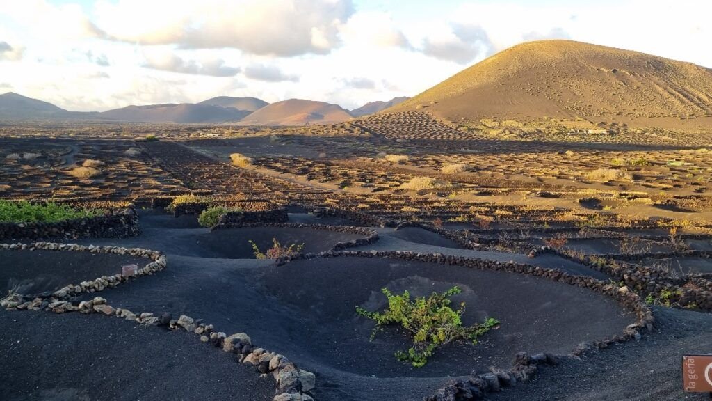 Paisaje volcánico de La Geria en Lanzarote al atardecer, con viñedos y montañas, imagen de portada de la guía Qué ver en Lanzarote en 7 días.