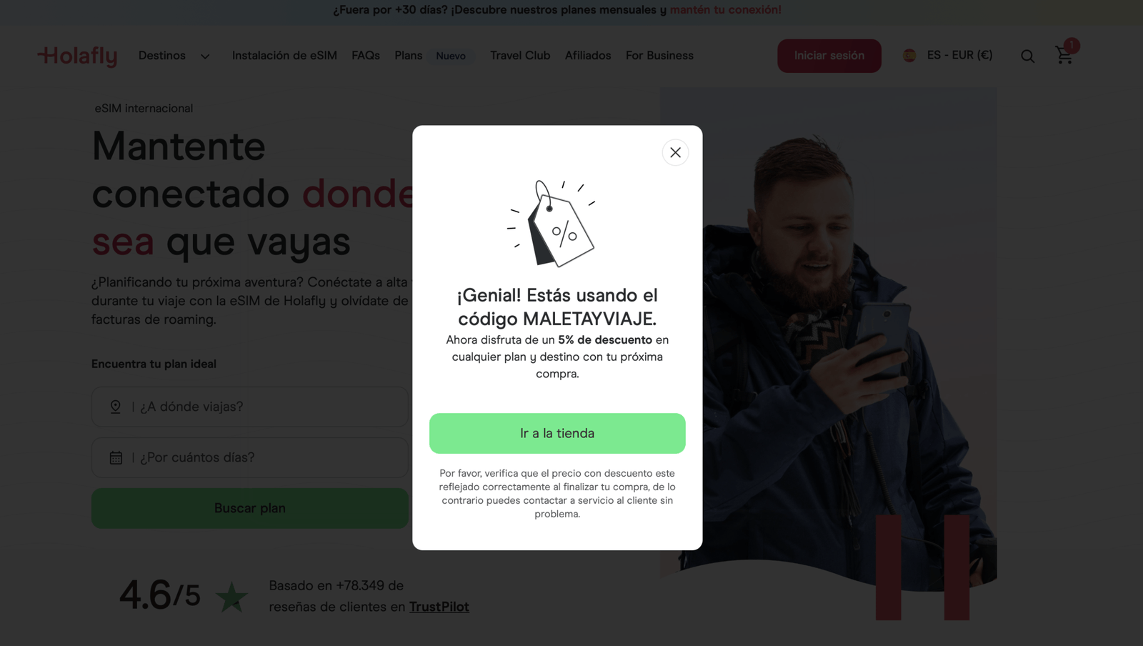 Descuento automático en la eSIM Holafly para tener internet en el extranjero